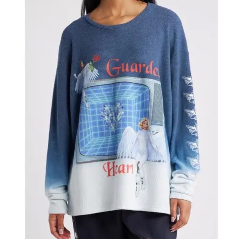 NWT Oversized Embroidered Boys Lie Guarded Angel Ombre Thermal Top Graphic Tee